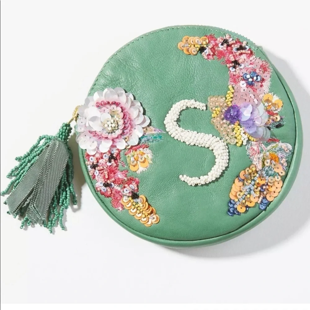 Anthropologie-Embellished Leather Monogram Pouch “S”
